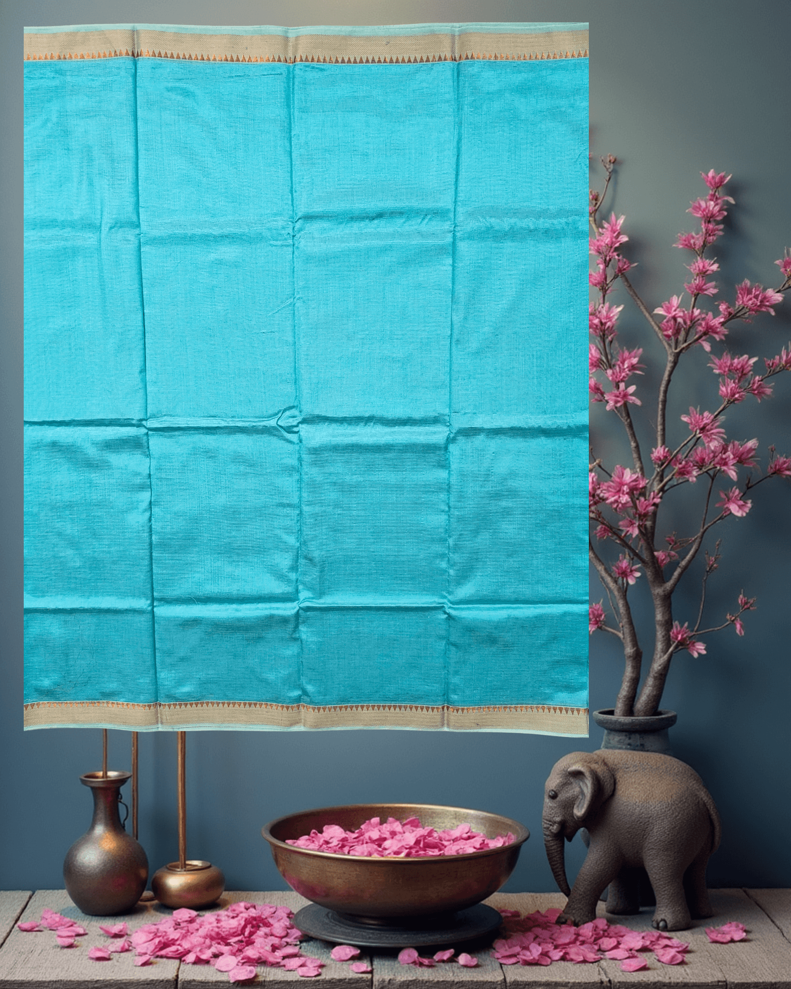 Patur Handloom Art Silk Saree: Plain Sky Blue with Golden Jari Temple Border - Image 6