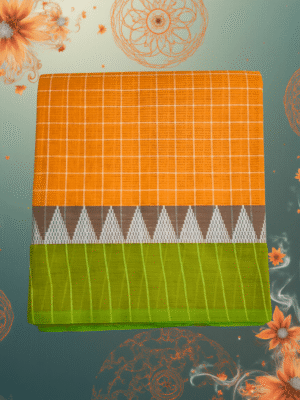 Patur Handloom Cotton Saree: Sunset Orange Checks with Parrot Green Border