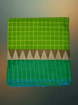 Patur Handloom Cotton Saree: Parrot Green Checks with Teal Temple Border