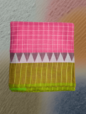Patur Handloom Cotton Saree: Candy Pink Checks with Parrot Green Temple Border