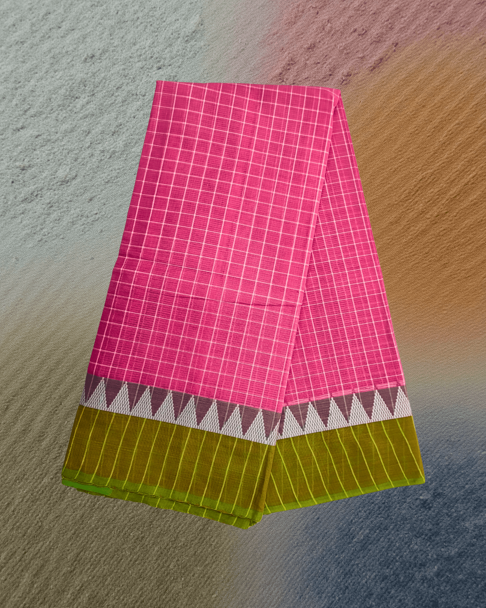 Patur Handloom Cotton Saree: Candy Pink Checks with Parrot Green Temple Border - Image 3