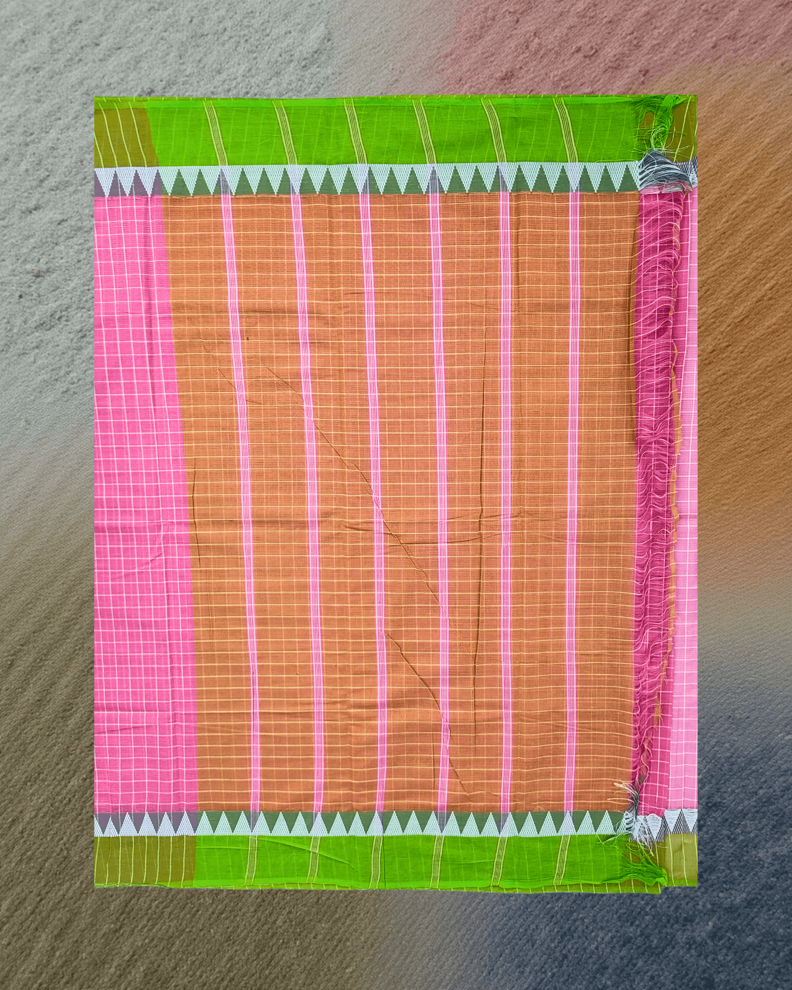 Patur Handloom Cotton Saree: Candy Pink Checks with Parrot Green Temple Border - Image 4