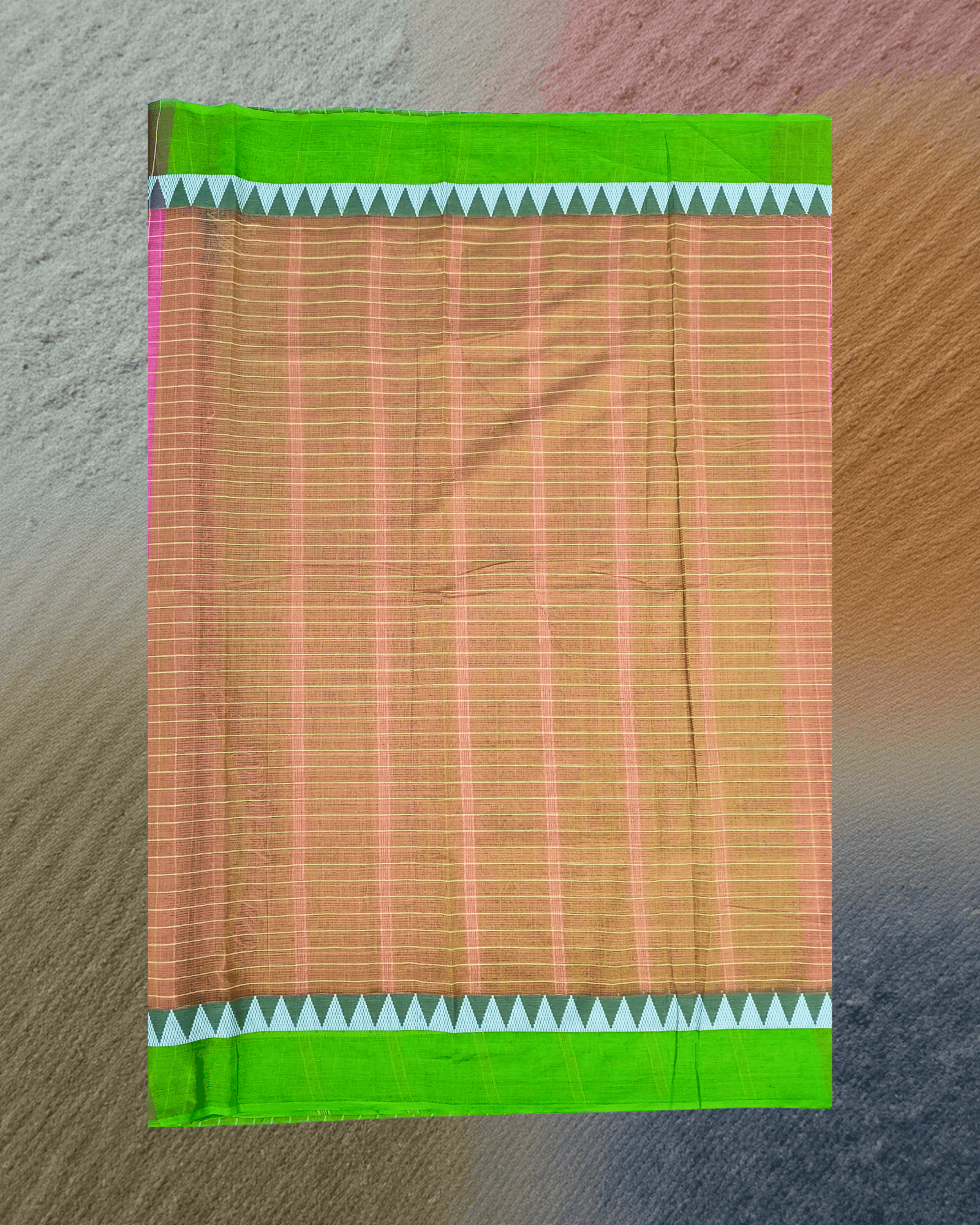 Patur Handloom Cotton Saree: Candy Pink Checks with Parrot Green Temple Border - Image 6