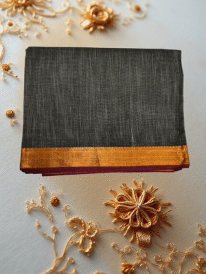 Patur Handlooms Pure Cotton Saree: Stub Textured Body with Golden Zari Border-Charcoal Black/Deep Grey