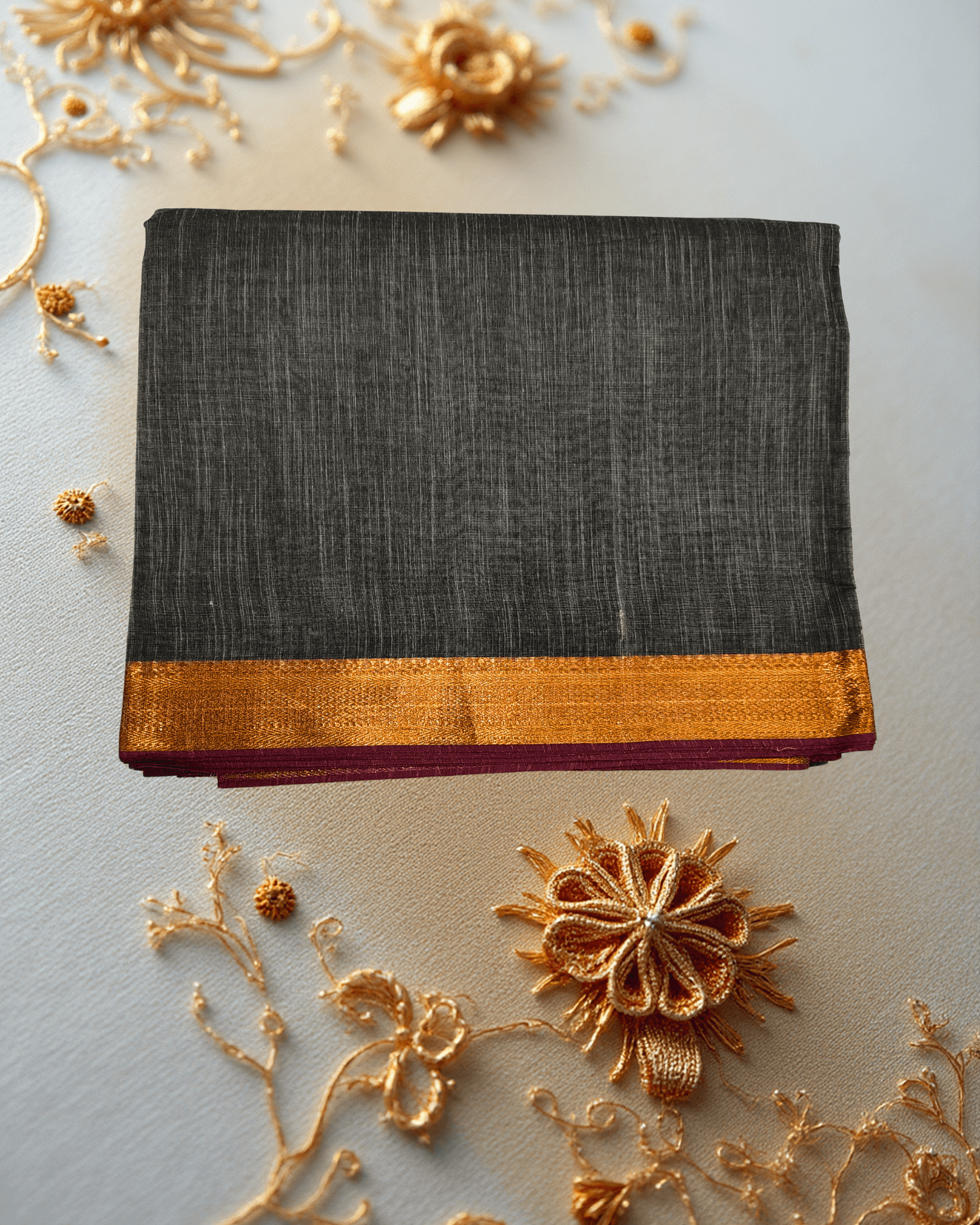 Patur Handlooms Pure Cotton Saree: Stub Textured Body with Golden Zari Border-Charcoal Black/Deep Grey