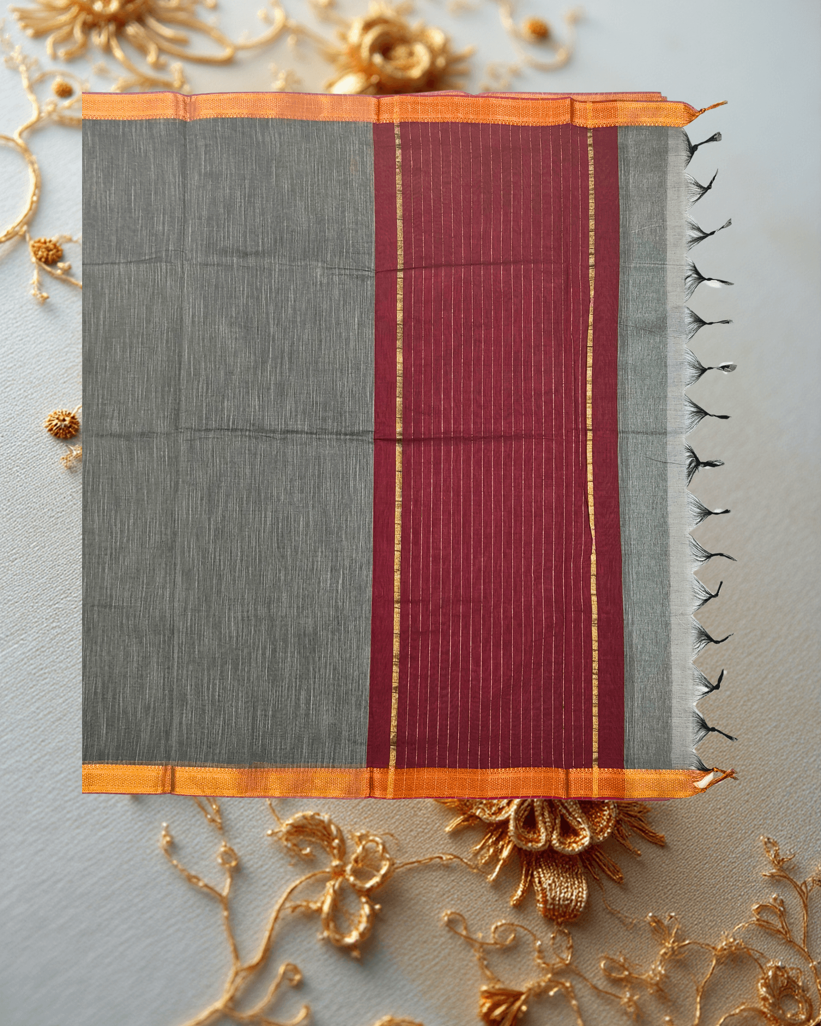 Patur Handlooms Pure Cotton Saree: Stub Textured Body with Golden Zari Border-Charcoal Black/Deep Grey - Image 3
