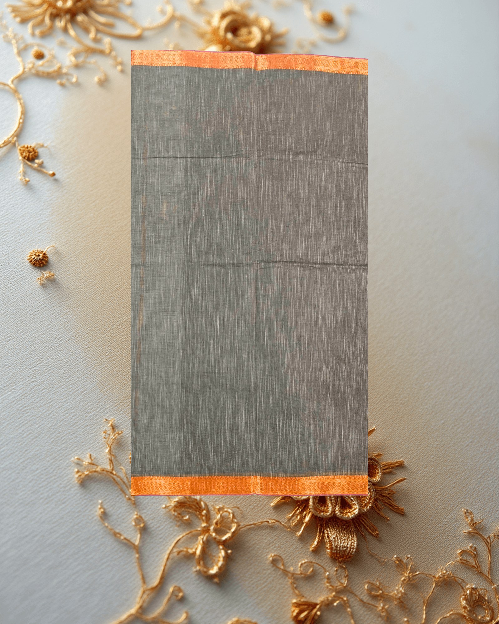 Patur Handlooms Pure Cotton Saree: Stub Textured Body with Golden Zari Border-Charcoal Black/Deep Grey - Image 2