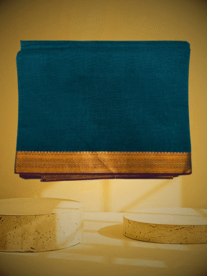 Patur Handlooms Pure Cotton Saree: Stub Textured Body with Golden Zari Border-Dark Sea Green/Teal
