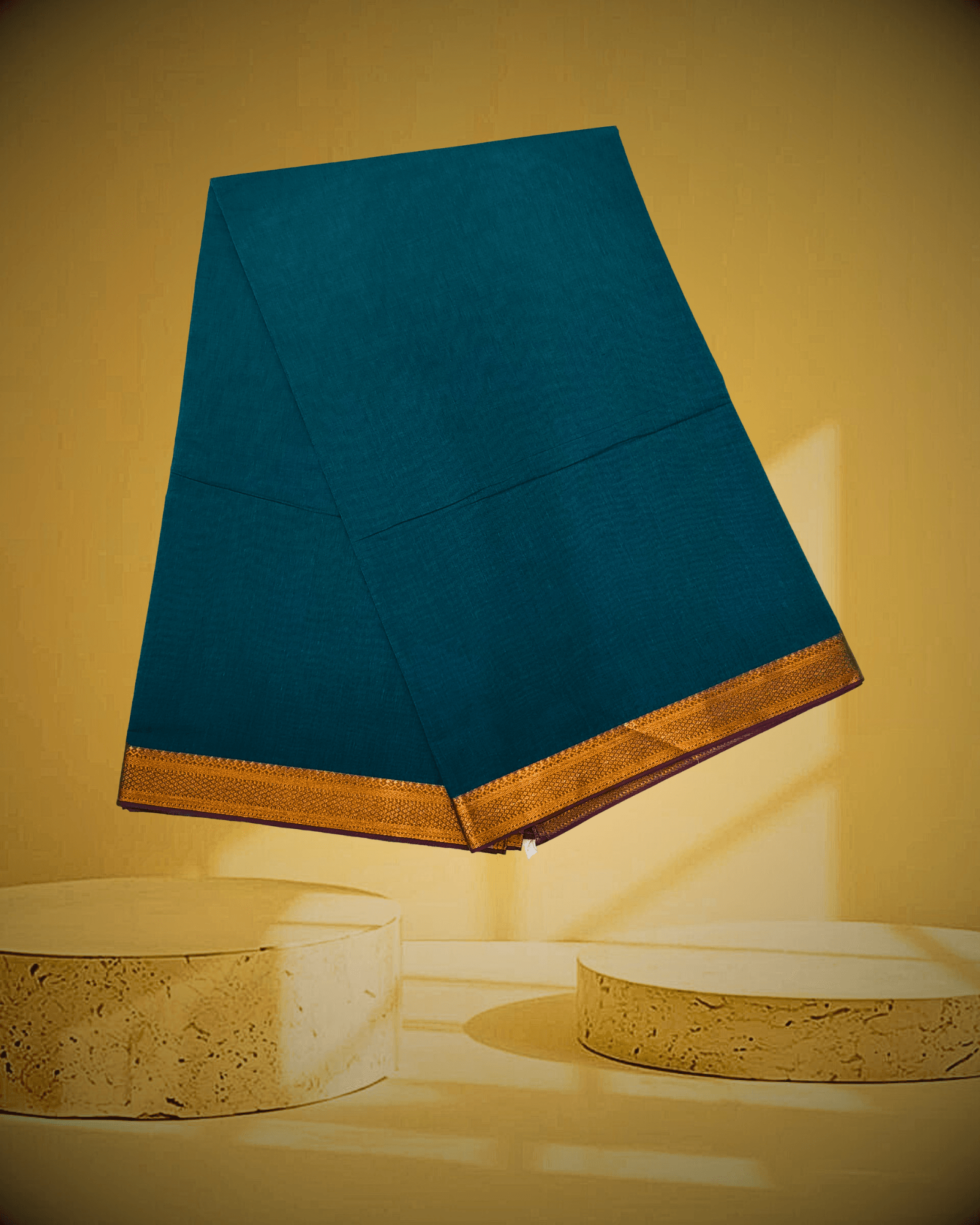 Patur Handlooms Pure Cotton Saree: Stub Textured Body with Golden Zari Border-Dark Sea Green/Teal - Image 5