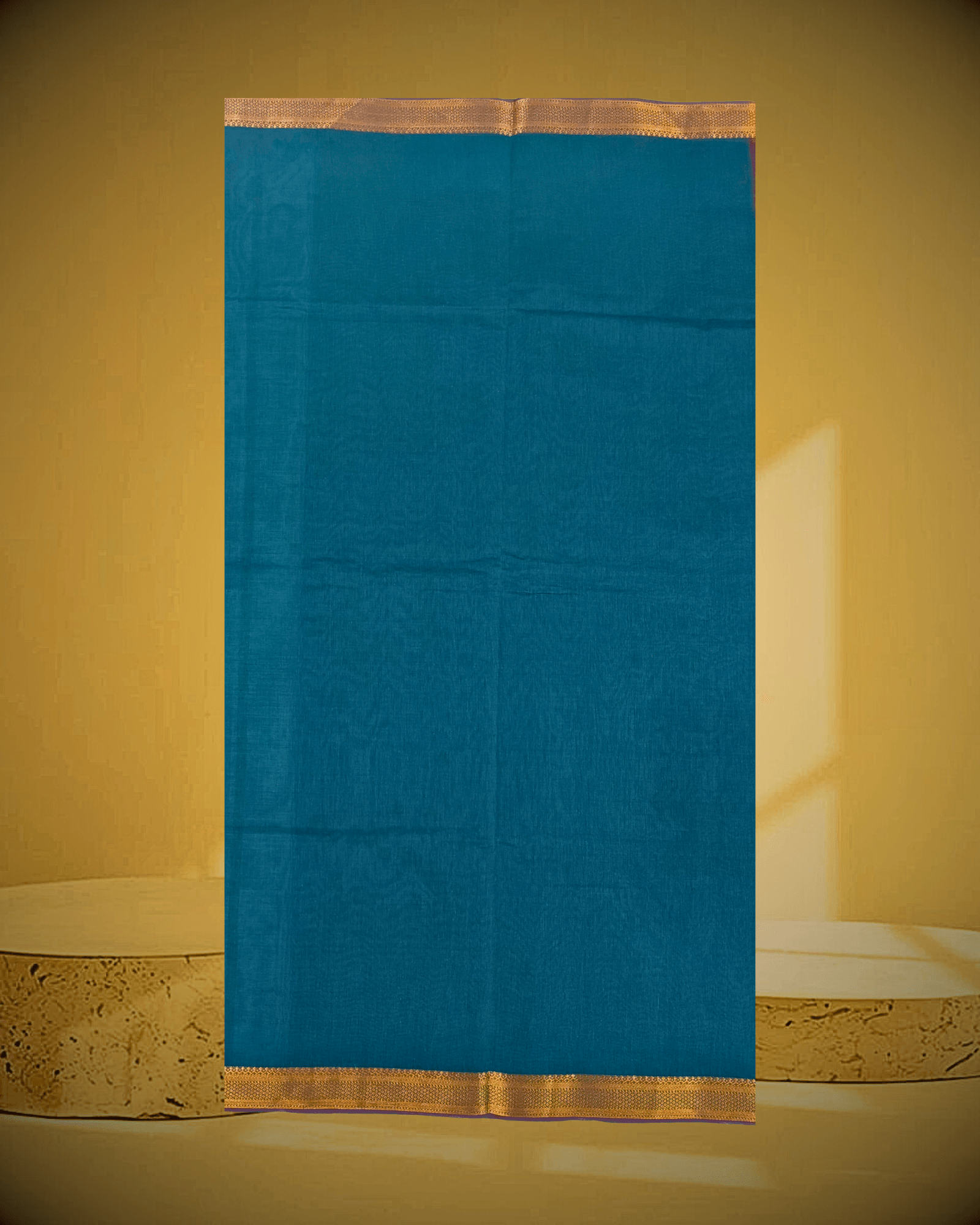 Patur Handlooms Pure Cotton Saree: Stub Textured Body with Golden Zari Border-Dark Sea Green/Teal - Image 3