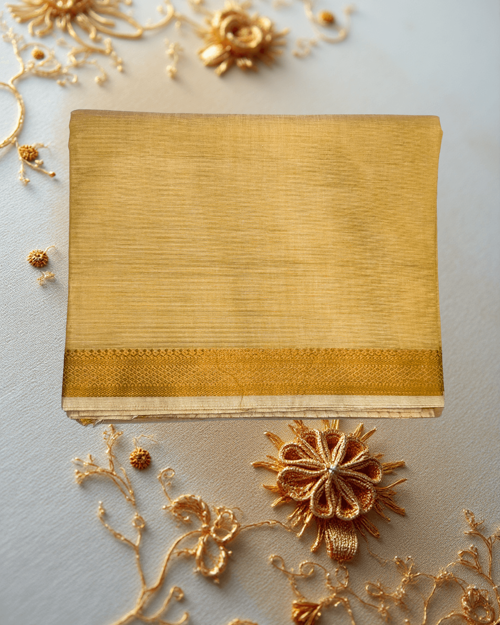 Patur Handlooms Pure Cotton Saree: Stub Textured Body with Golden Zari Border-Golden-Tan