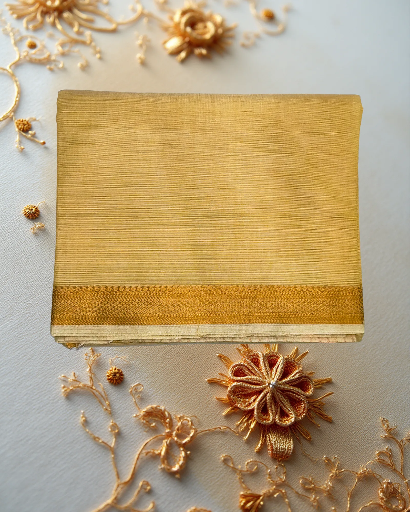 Patur Handlooms Pure Cotton Saree: Stub Textured Body with Golden Zari Border-Golden-Tan