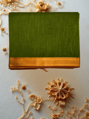 Patur Handlooms Pure Cotton Saree: Stub Textured Body with Golden Zari Border-Olive/Moss Green