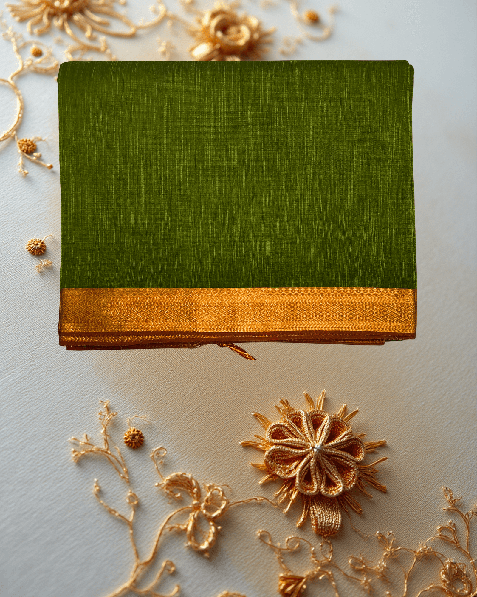 Patur Handlooms Pure Cotton Saree: Stub Textured Body with Golden Zari Border-Olive/Moss Green