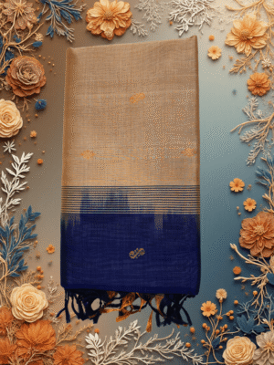 Rustic Elegance: Handloom Patur Pattu Saree in Cream & Navy | Authentic Weave