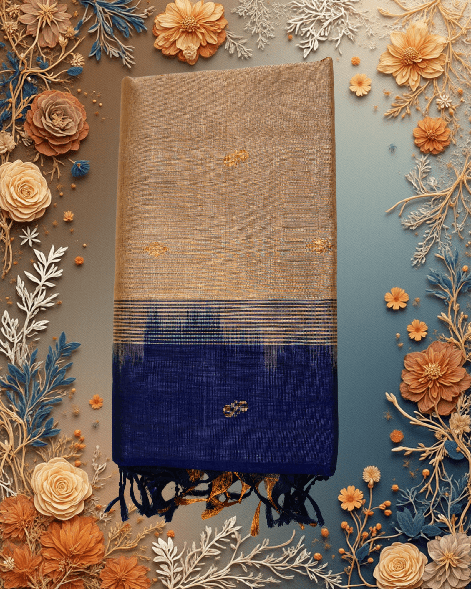 Rustic Elegance: Handloom Patur Pattu Saree in Cream & Navy | Authentic Weave