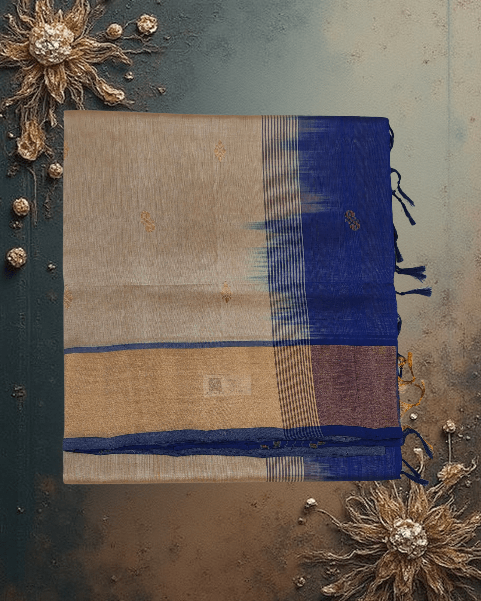 Rustic Elegance: Handloom Patur Pattu Saree in Cream & Navy | Authentic Weave - Image 2