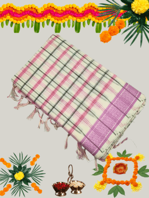 Premium Handloom Cotton Saree with Woven Checks/Stripes and Contrast Border