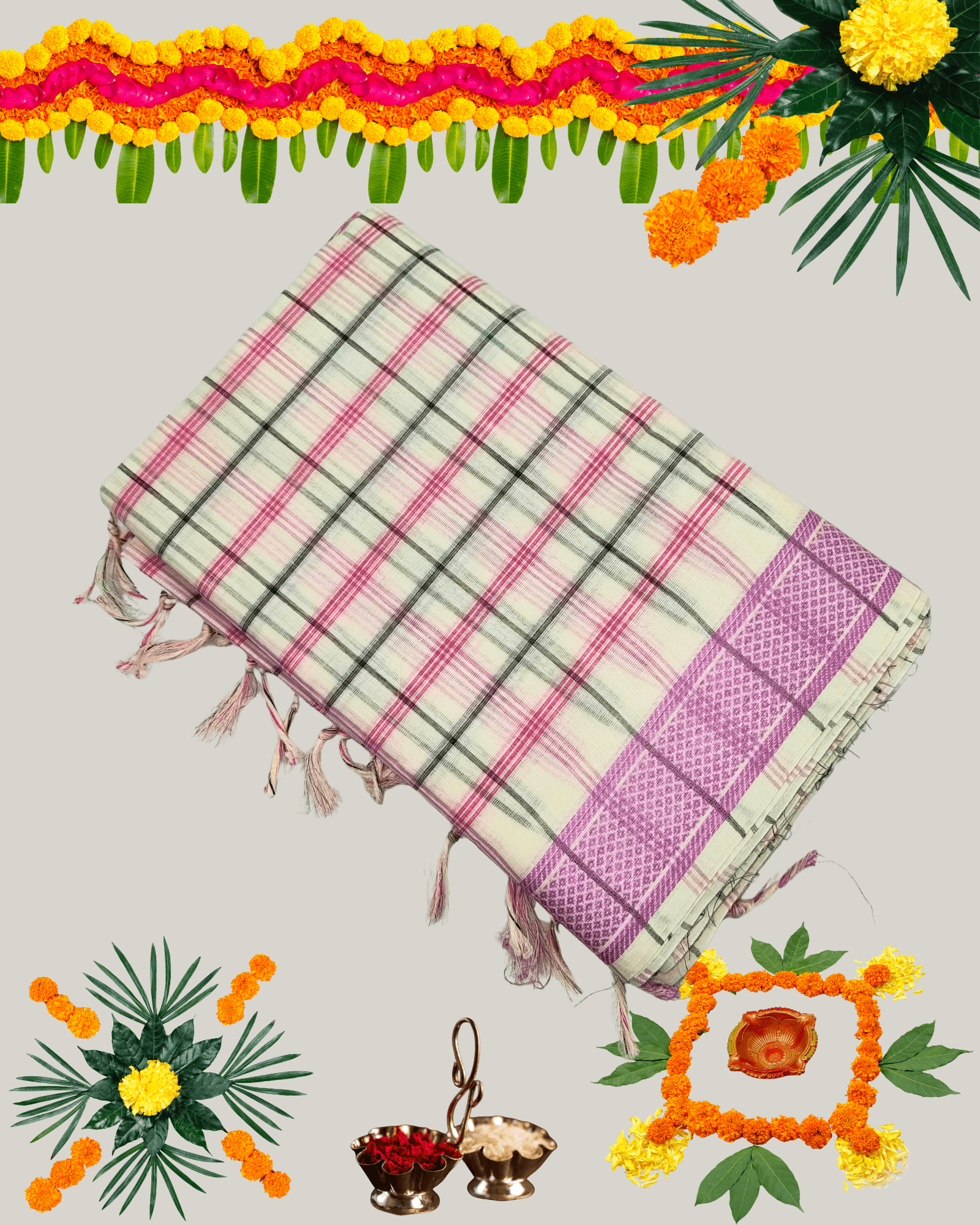 Premium Handloom Cotton Saree with Woven Checks/Stripes and Contrast Border