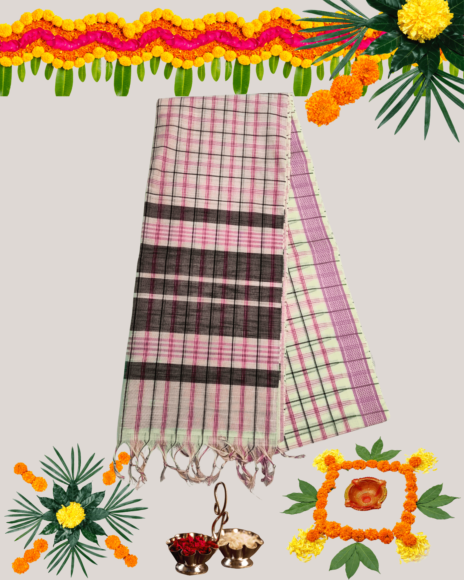 Premium Handloom Cotton Saree with Woven Checks/Stripes and Contrast Border - Image 3