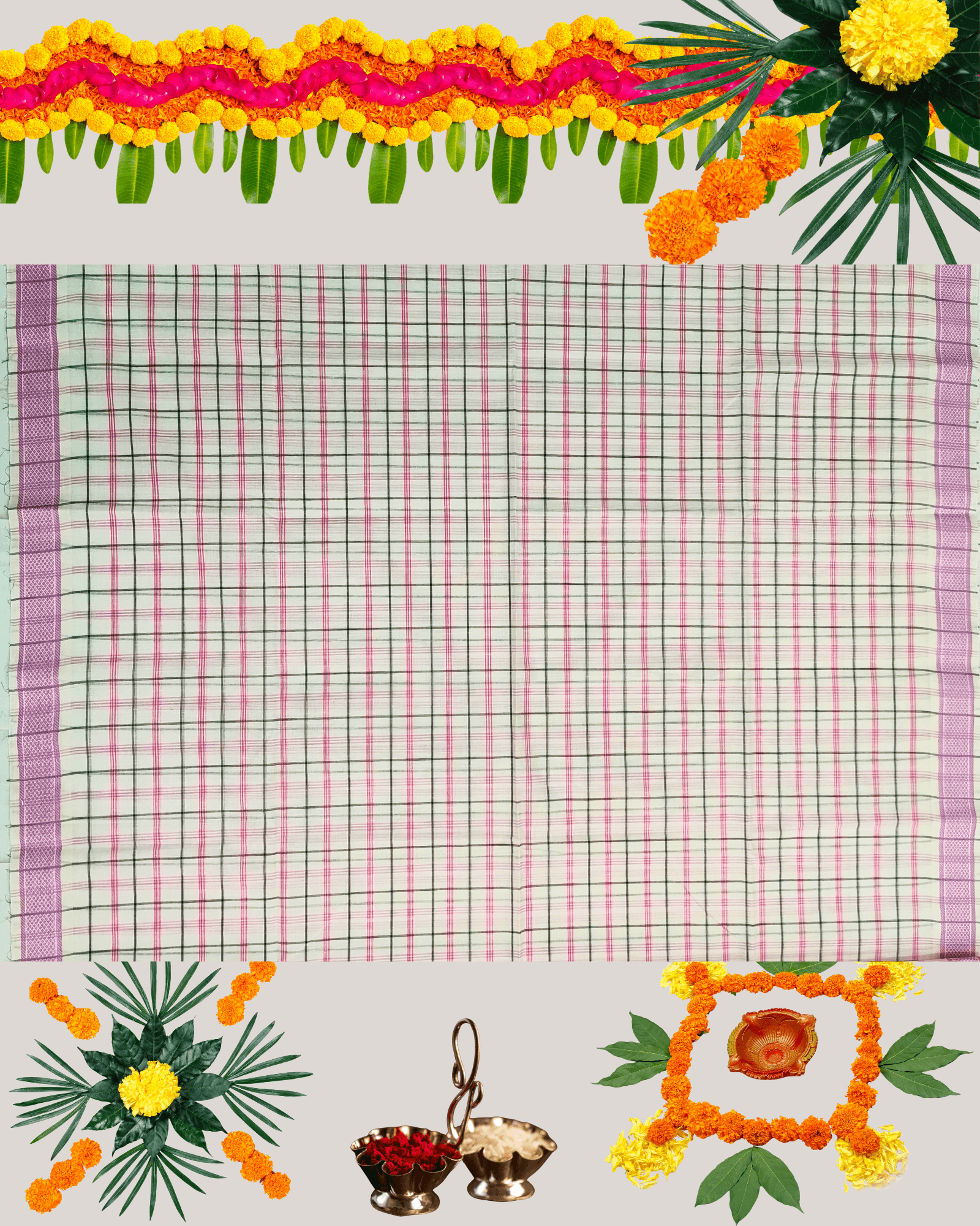 Premium Handloom Cotton Saree with Woven Checks/Stripes and Contrast Border - Image 4