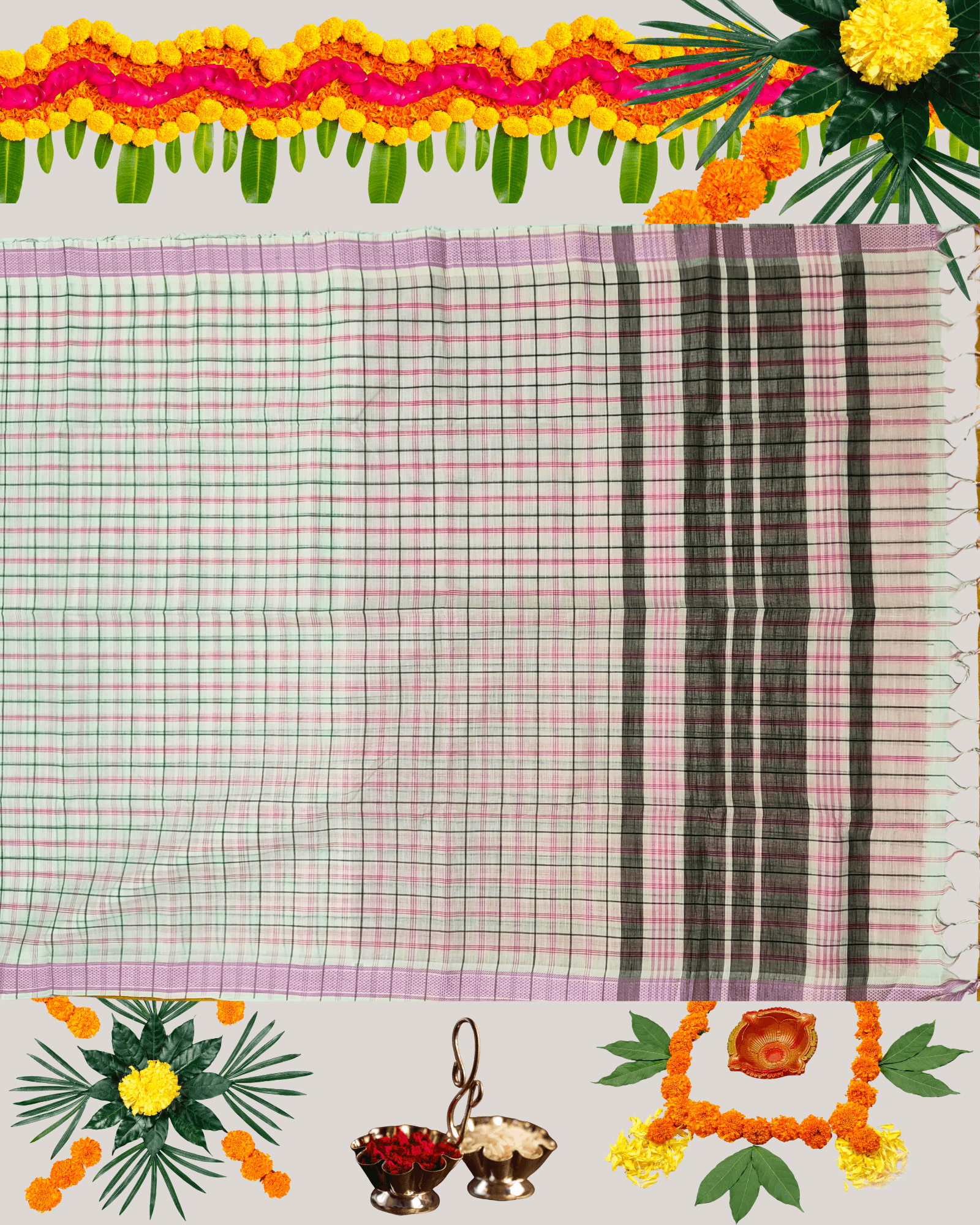 Premium Handloom Cotton Saree with Woven Checks/Stripes and Contrast Border - Image 6