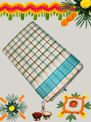 Premium Handloom Cotton Saree with Woven Checks/Stripes and Contrast Border