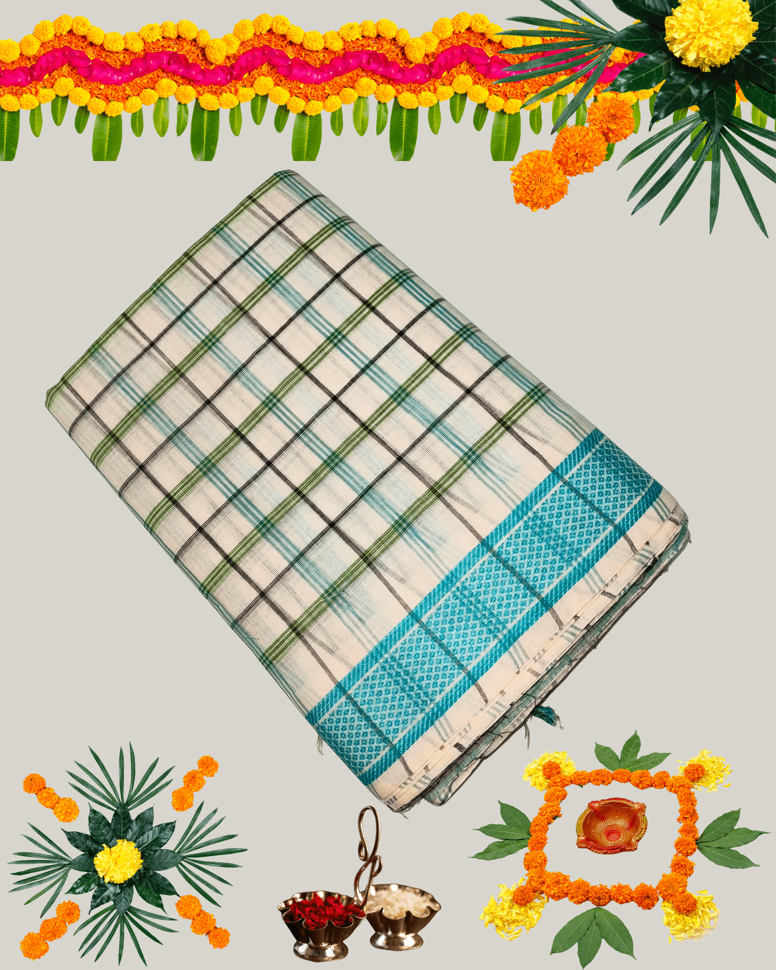 Premium Handloom Cotton Saree with Woven Checks/Stripes and Contrast Border