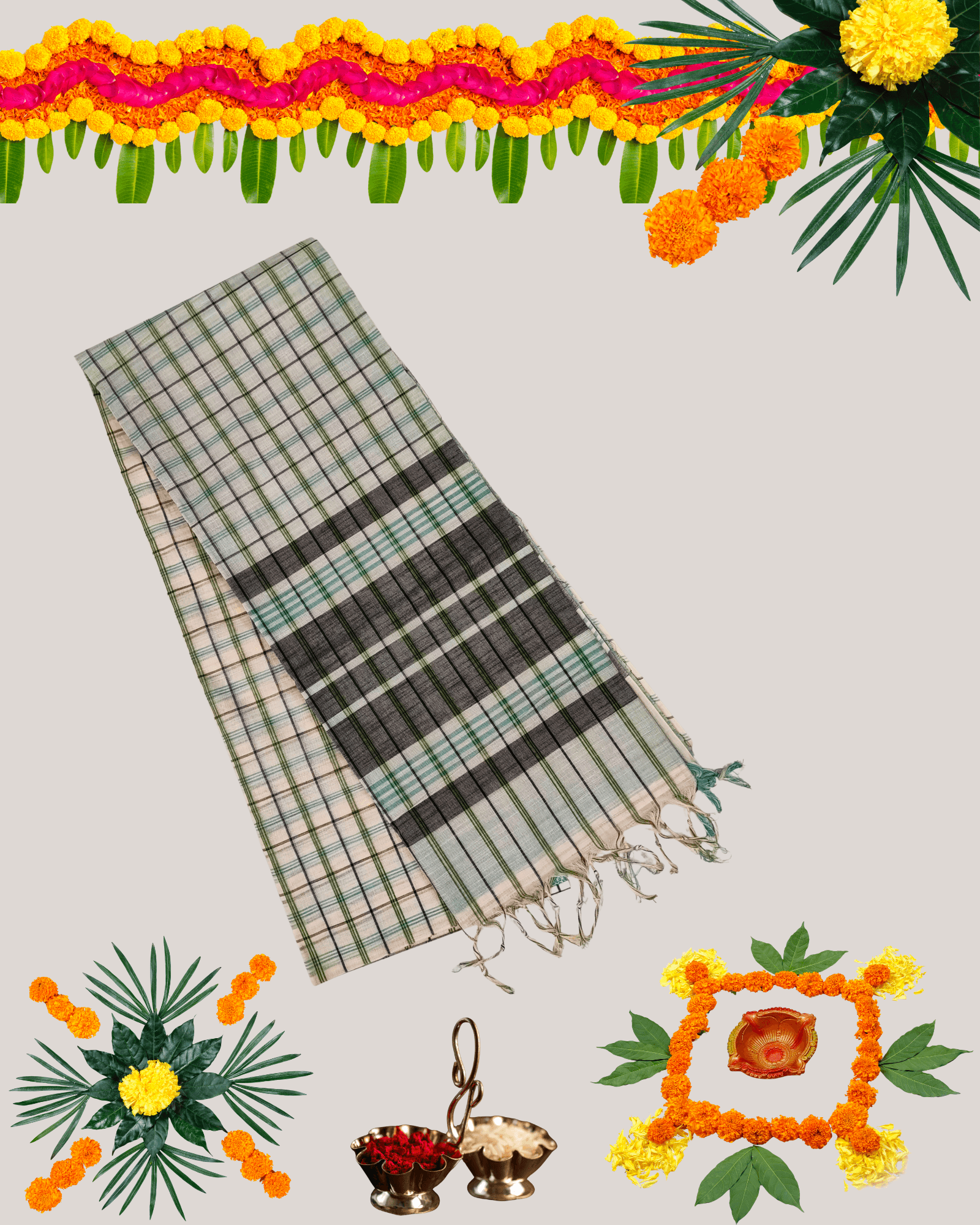 Premium Handloom Cotton Saree with Woven Checks/Stripes and Contrast Border - Image 3
