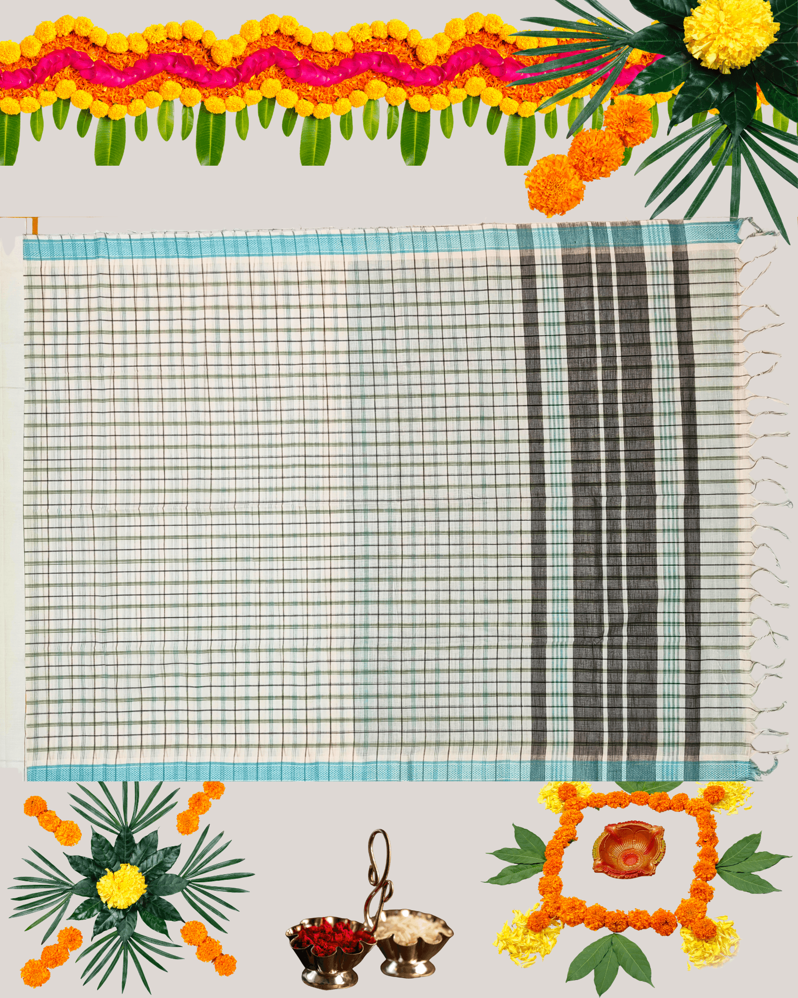 Premium Handloom Cotton Saree with Woven Checks/Stripes and Contrast Border - Image 6