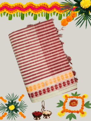 Premium Handloom Cotton Saree with Woven Checks/Stripes and Contrast Border