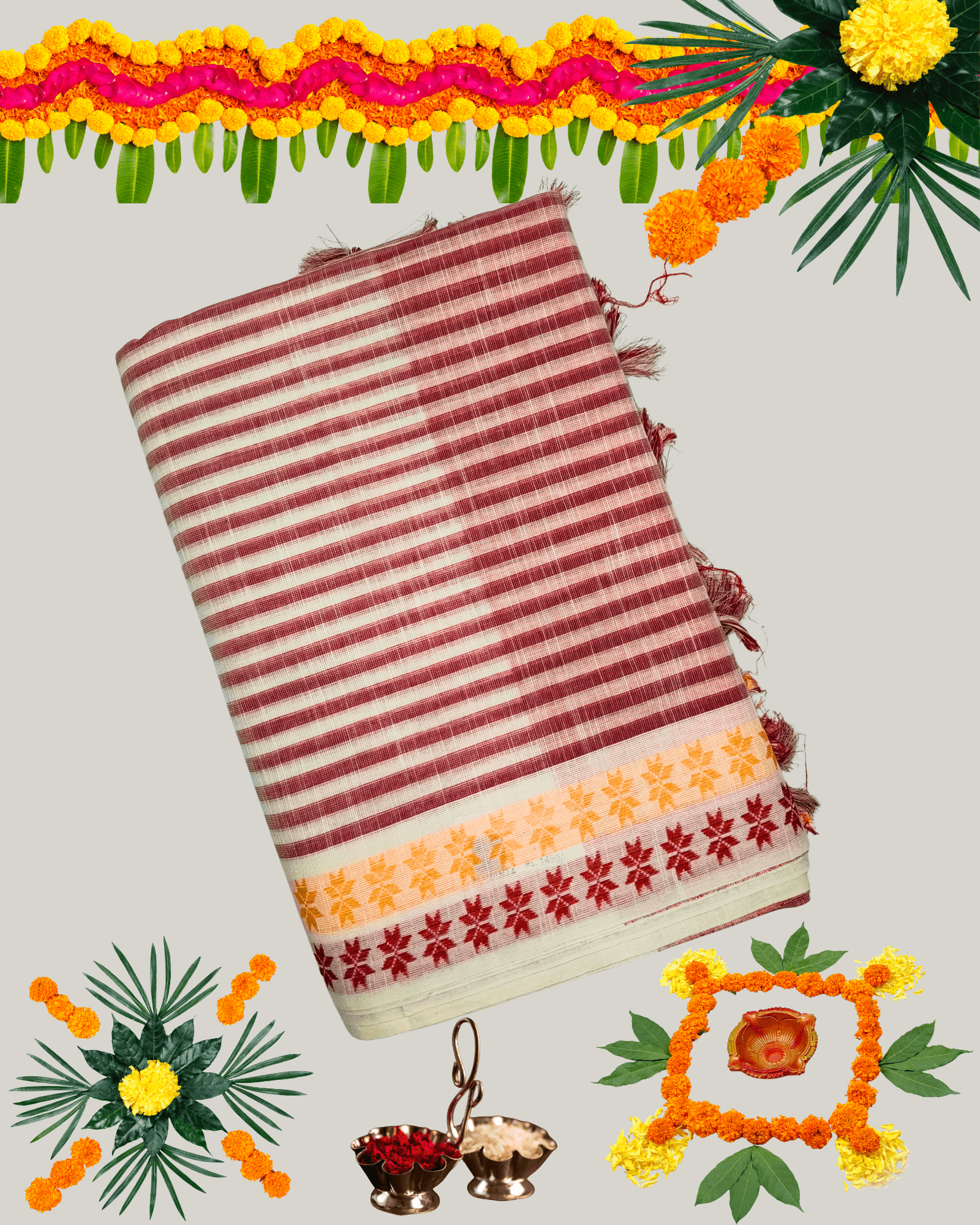 Premium Handloom Cotton Saree with Woven Checks/Stripes and Contrast Border