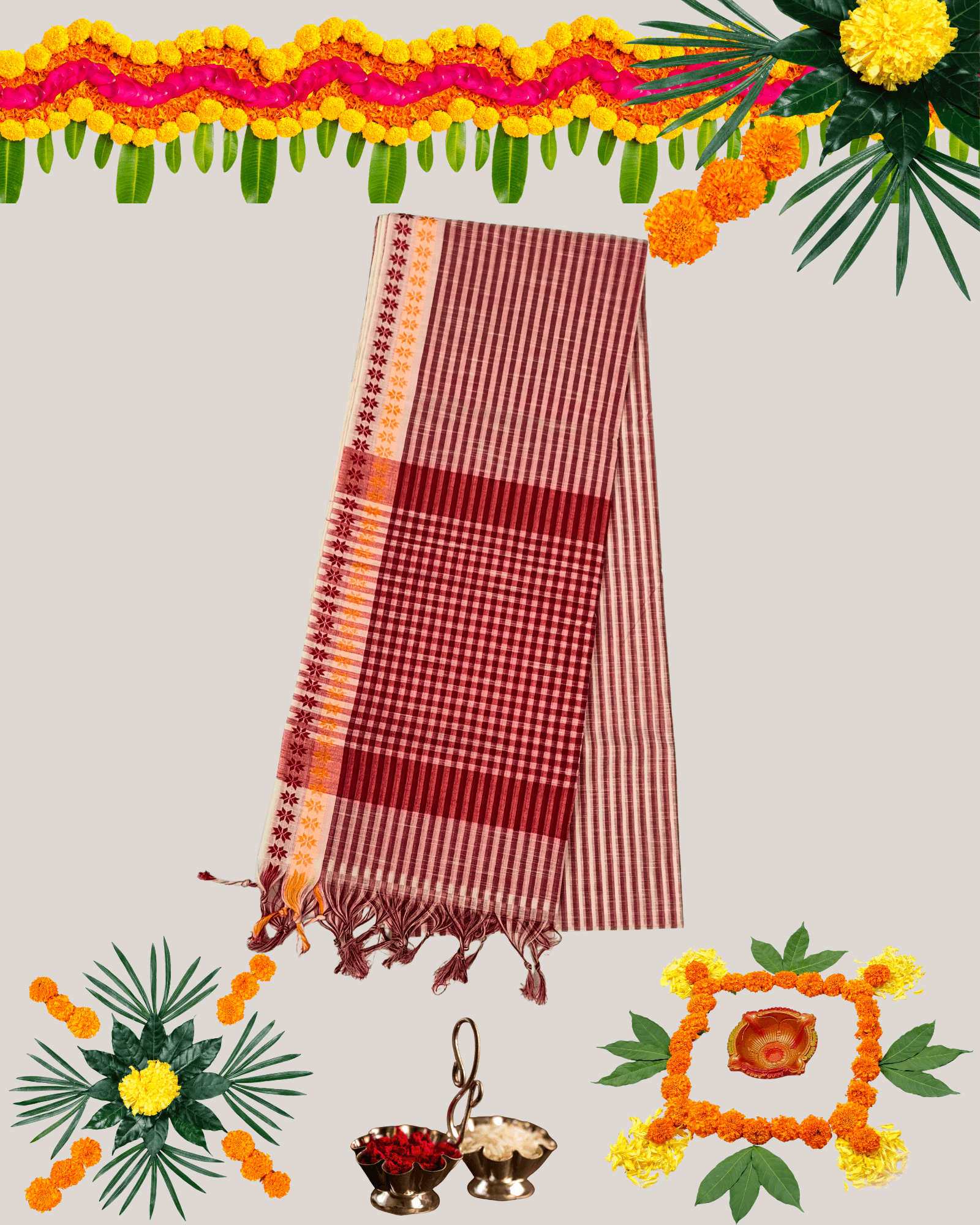 Premium Handloom Cotton Saree with Woven Checks/Stripes and Contrast Border - Image 2
