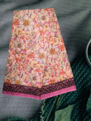 Light Rose Cotton Saree ? Digital Gulmohar Floral Design