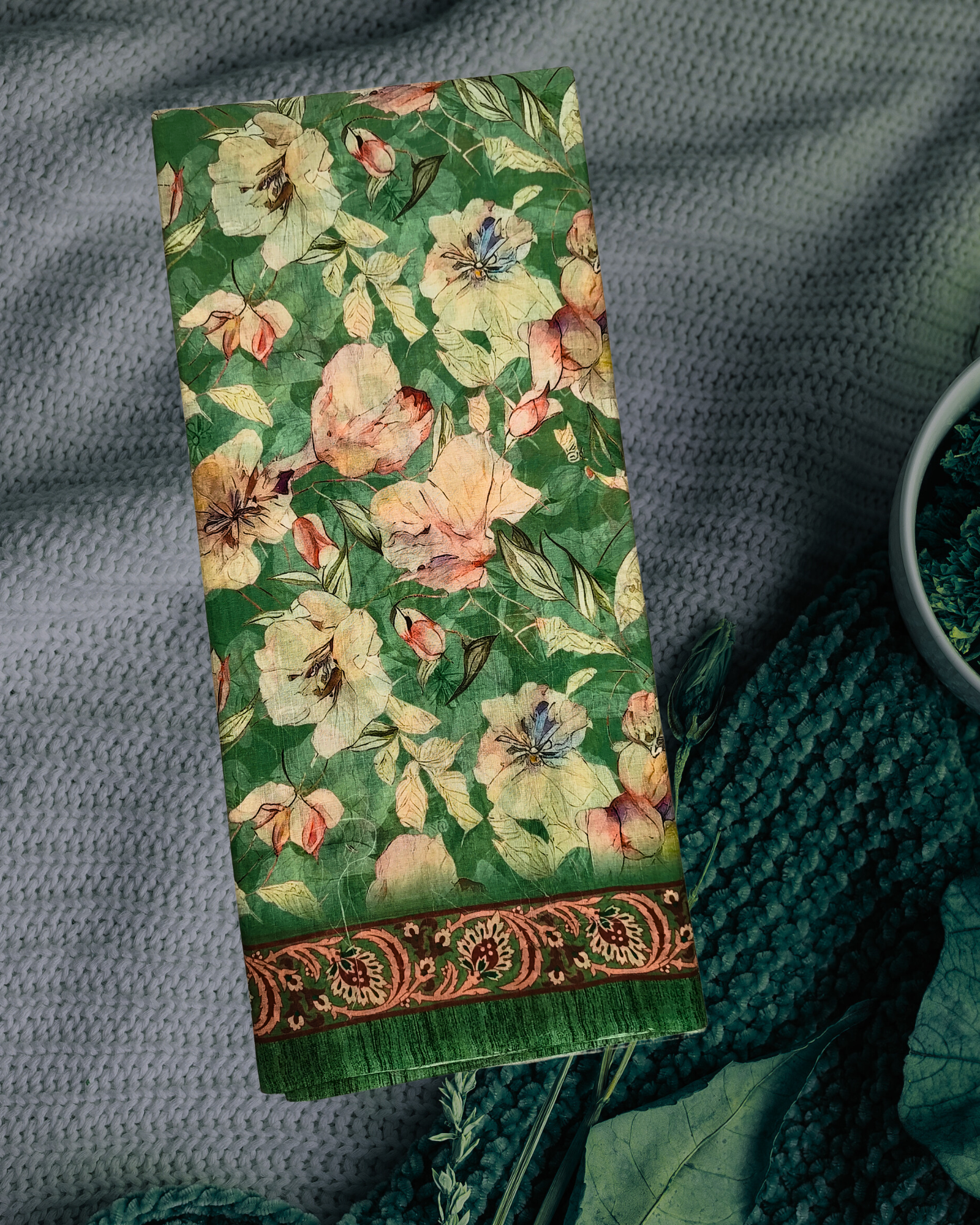 Parrot Green Cotton Floral Saree ? Digital Gulmohar Print - Image 4