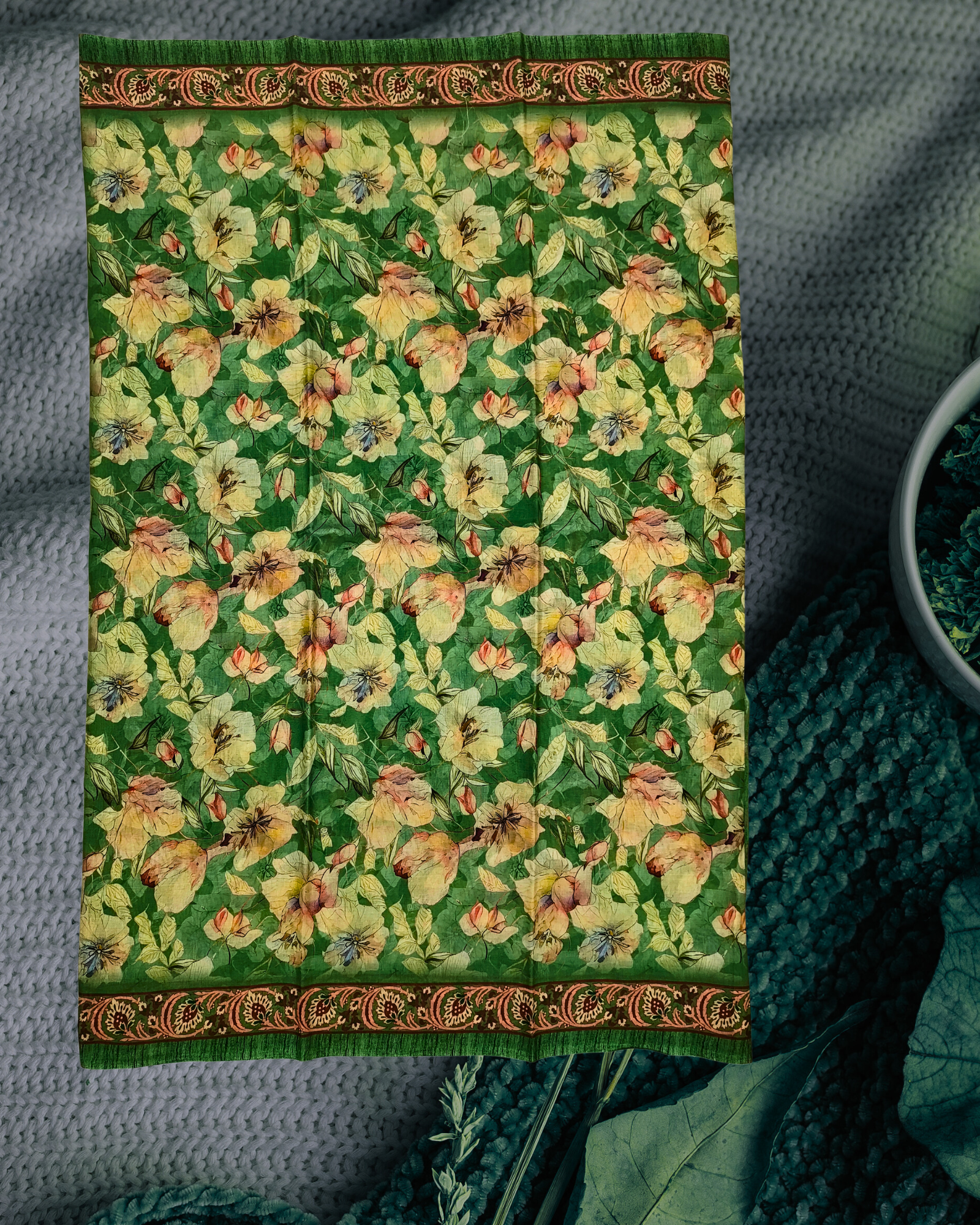 Parrot Green Cotton Floral Saree ? Digital Gulmohar Print - Image 3