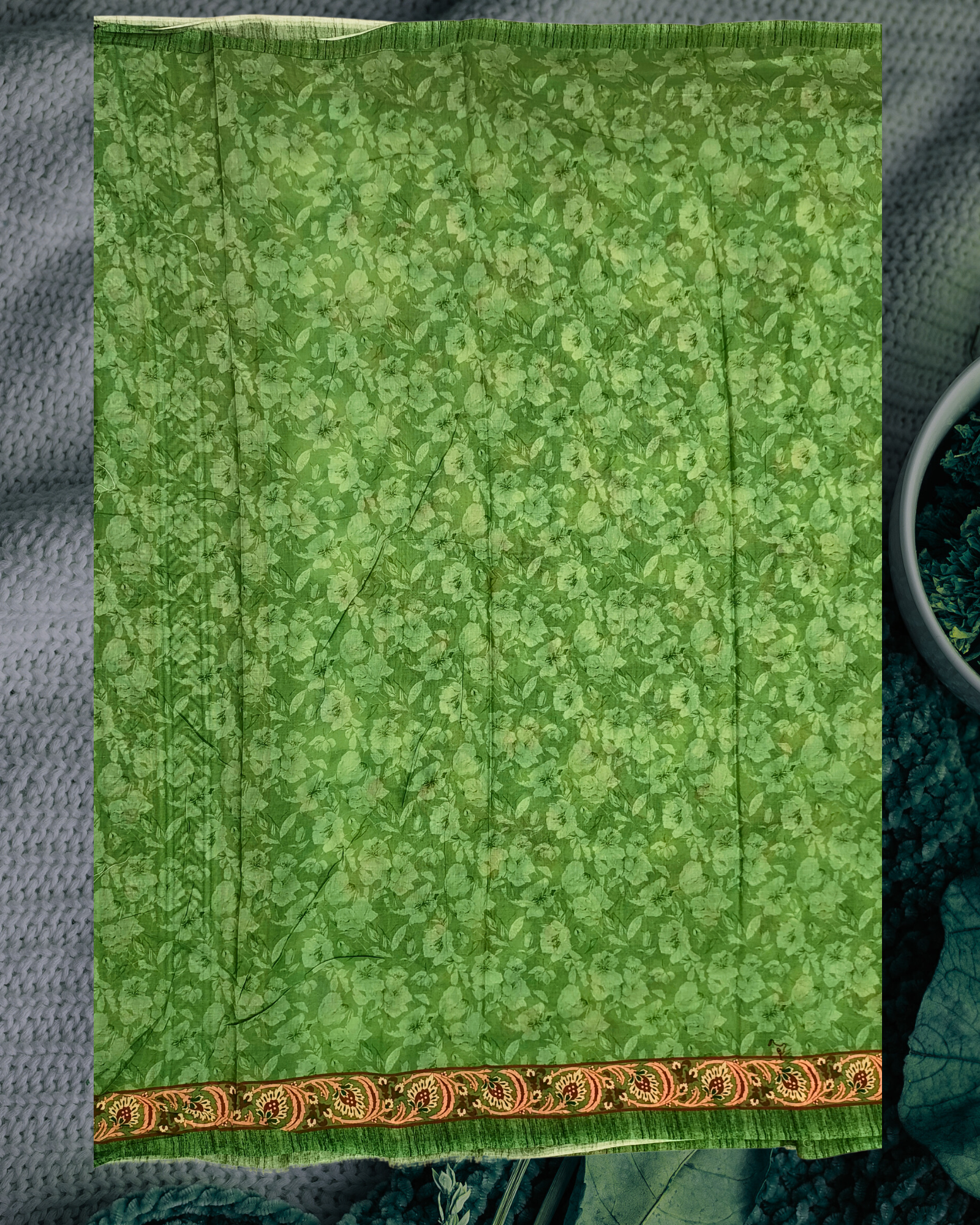 Parrot Green Cotton Floral Saree ? Digital Gulmohar Print - Image 2