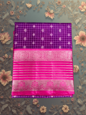 Royal Fuchsia & Lavender: Pure Venkatagiri Silk Check Saree with Silver Zari | Handwoven Luxury