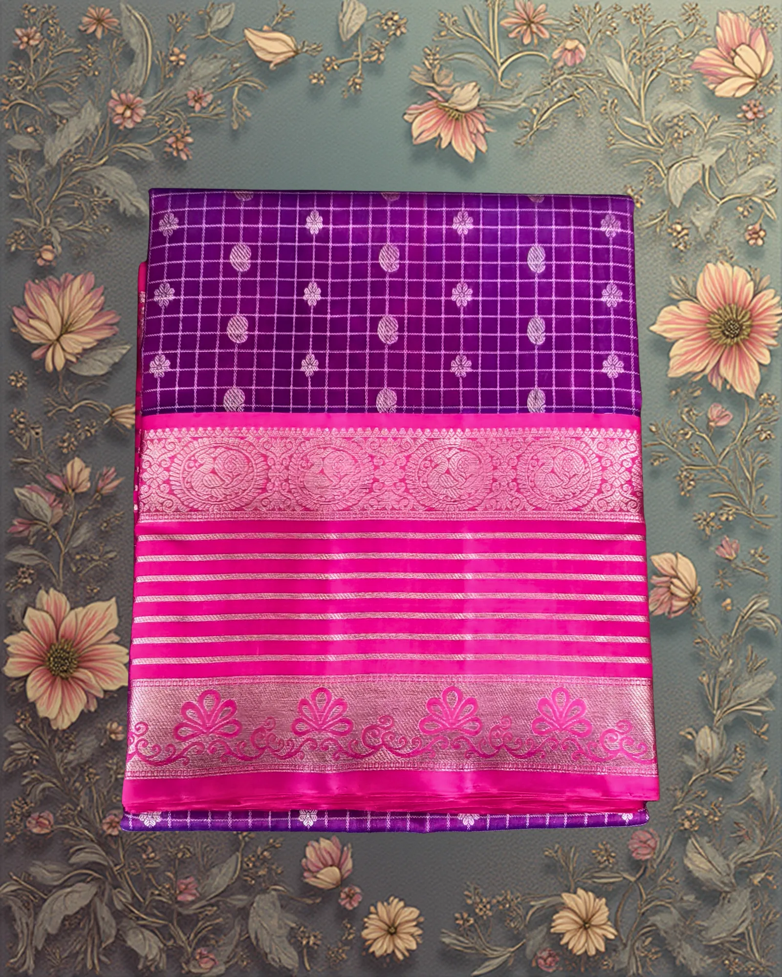 Royal Fuchsia & Lavender: Pure Venkatagiri Silk Check Saree with Silver Zari | Handwoven Luxury