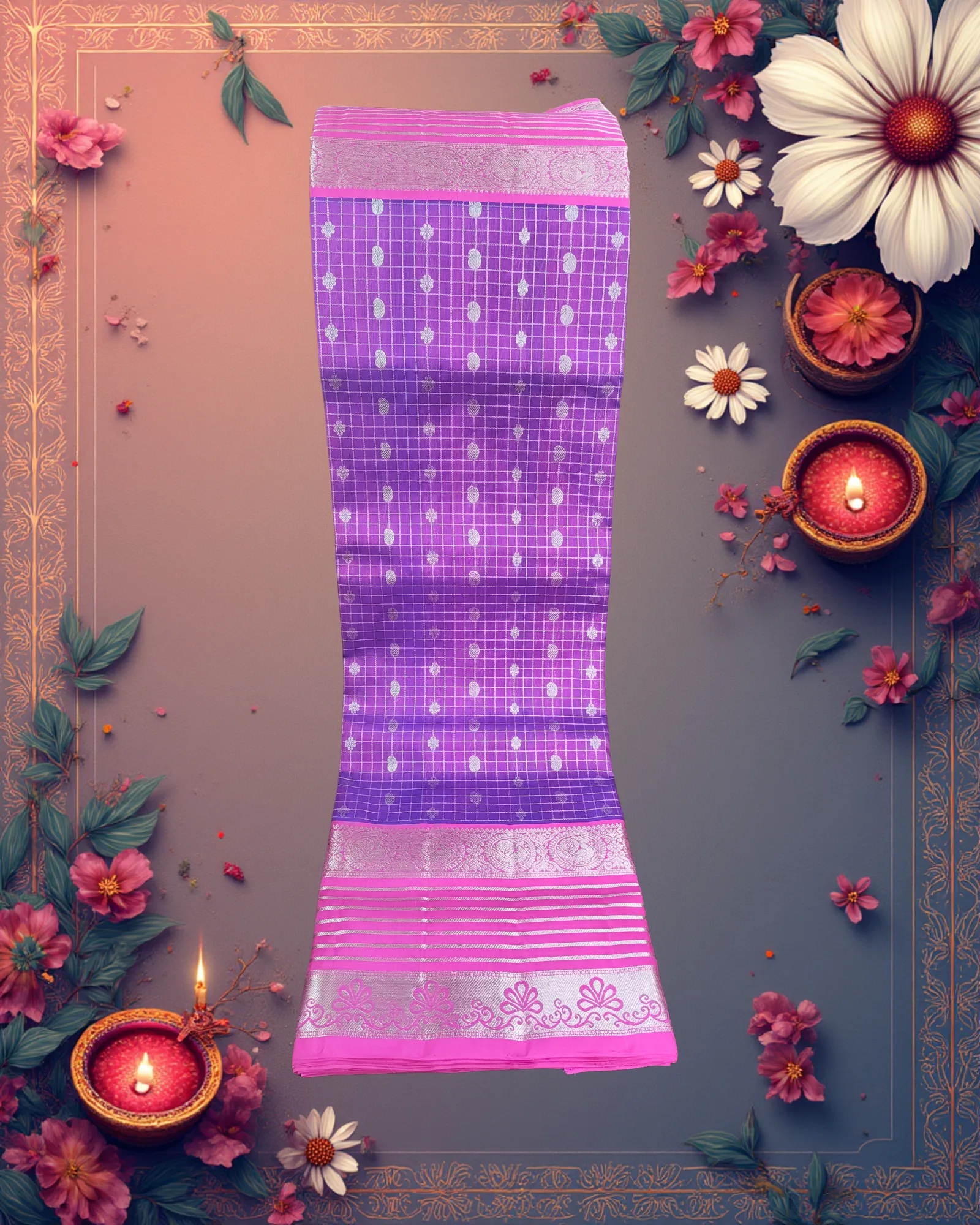 Royal Fuchsia & Lavender: Pure Venkatagiri Silk Check Saree with Silver Zari | Handwoven Luxury - Image 5