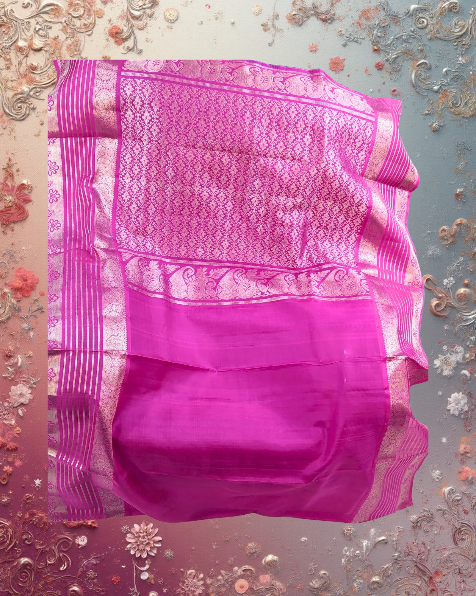 Royal Fuchsia & Lavender: Pure Venkatagiri Silk Check Saree with Silver Zari | Handwoven Luxury - Image 4