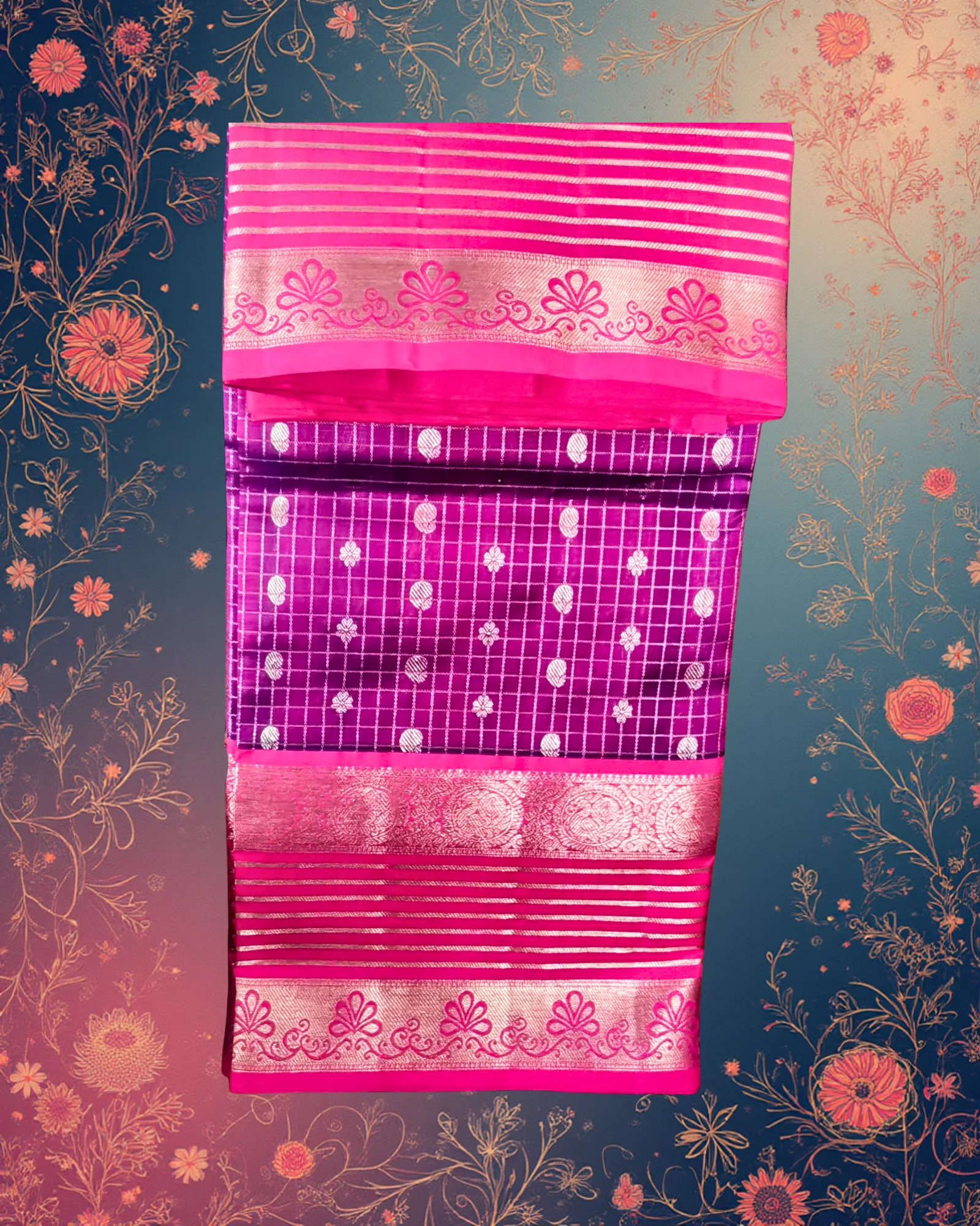Royal Fuchsia & Lavender: Pure Venkatagiri Silk Check Saree with Silver Zari | Handwoven Luxury - Image 3