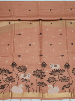 Fancy Linen Cotton Saree with Handcrafted Lotus & Nature Motifs - Terracotta Rust