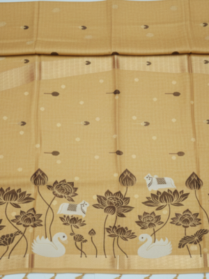 Fancy Linen Cotton Saree with Handcrafted Lotus & Nature Motifs - Mustard Gold