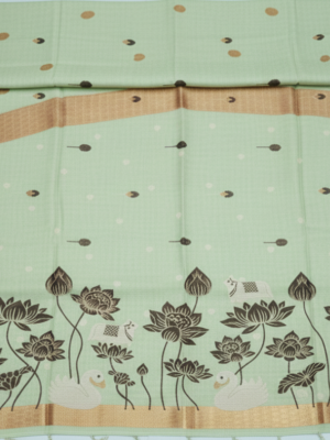 Fancy Linen Cotton Saree with Handcrafted Lotus & Nature Motifs - Pista Green