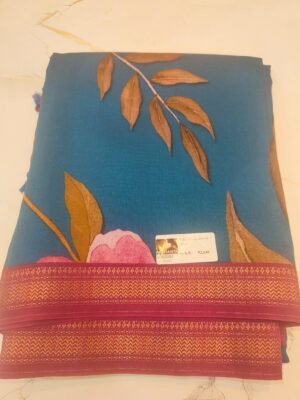 Ruby Silk Digital Print Saree with Elegant Floral Motifs - Teal Blue